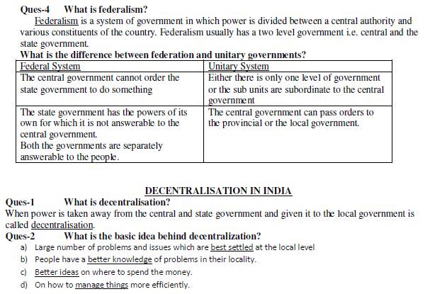 CBSE Class 10 Social Science Federalism Notes